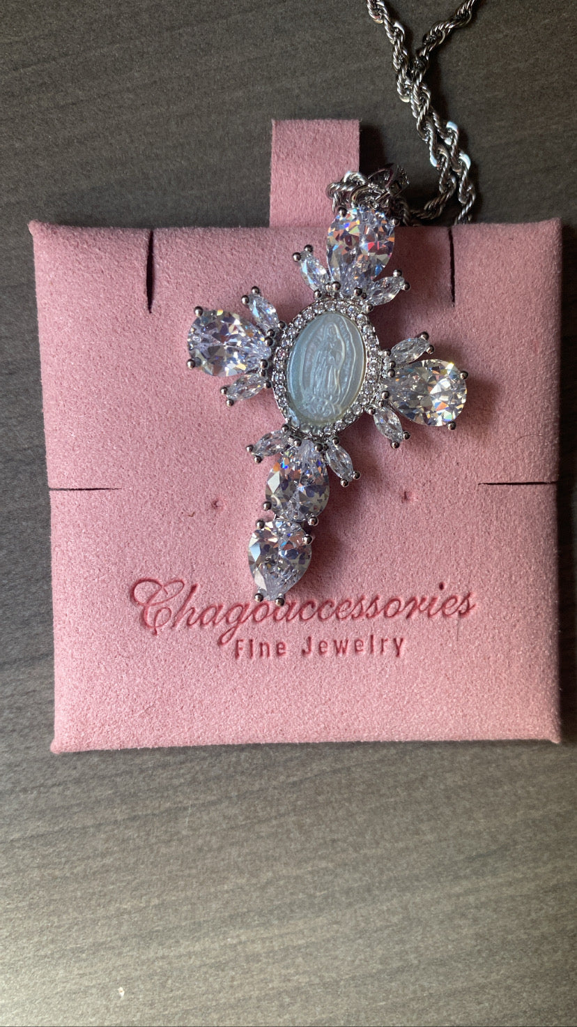 Pearl rhinestone virgencita cross with stainless steel necklace