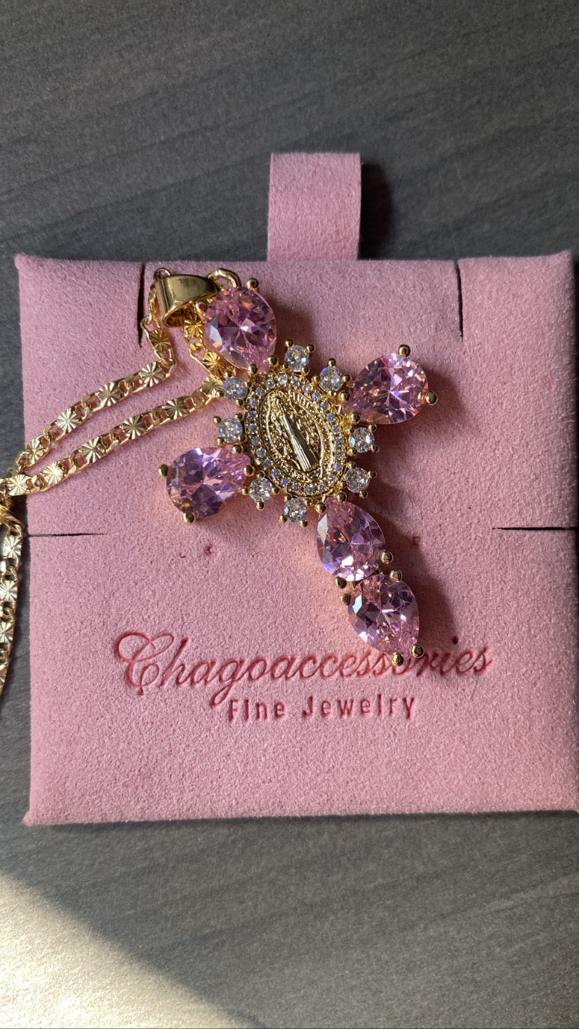 Pink rhinestone san Benito protection cross chain