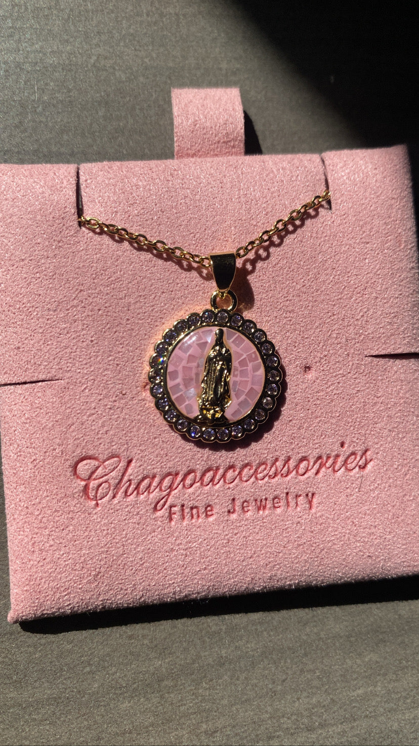 Virgen Mary pink pendant necklace