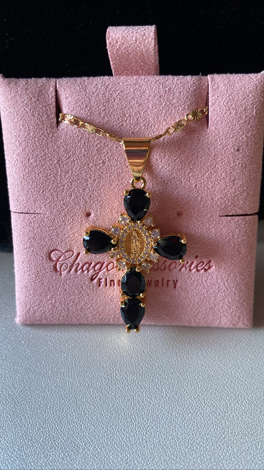 Black rhinestone cross con virgencita