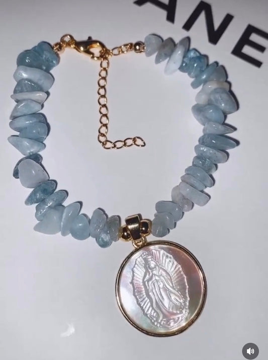 Virgencita shell pendant bracelet with aquamarine stones