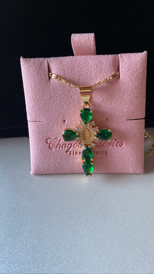 Green rhinestone cross con virgencita