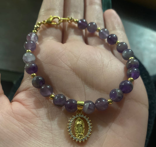 Amethyst beads with gold plated Virgen Mary
