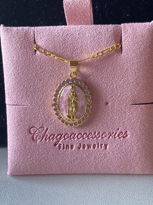 Baby pink  Virgen Mary oval necklace